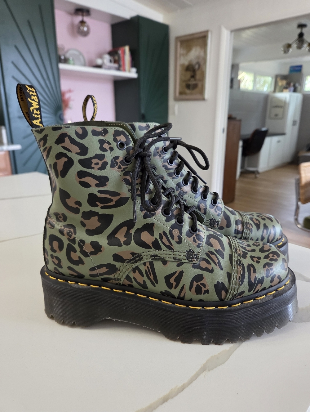 Dr. Martens Olive and Black Leopard Print Platform Combat Boots
